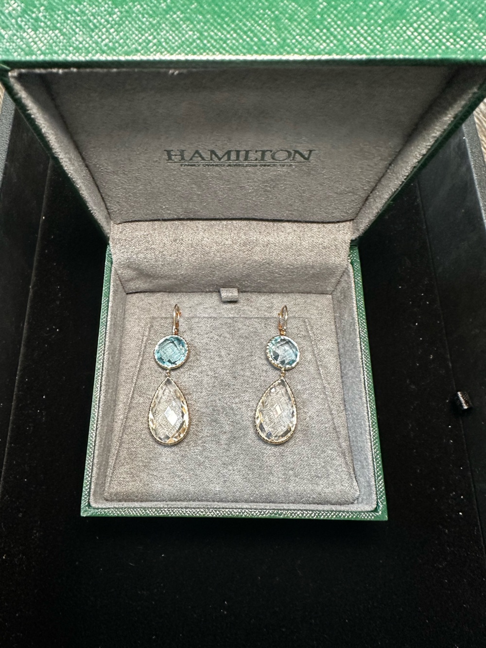 Hamilton Blue and Clear Droplet Dangle Earrings